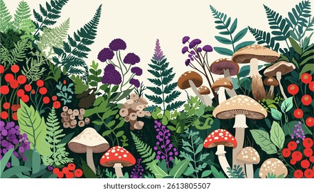 Forest herbs, berries and mushrooms. Bright vector summer illustration.