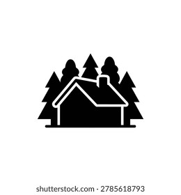 Forest Hermitage Hut Icon. Simple black filled flat icon of a traditional hermitage hut shelter deep inside a forest