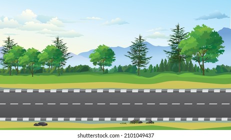Forest highway rout greenery background blue sky asphalt road