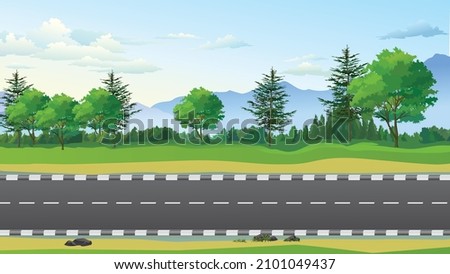 Forest highway rout greenery background blue sky asphalt road