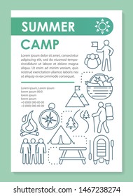 Forest hiking camp, vacation, holiday brochure template layout. Flyer, booklet, leaflet print design with linear illustrations. Vector page layouts for magazines, annual reports, advertising posters
