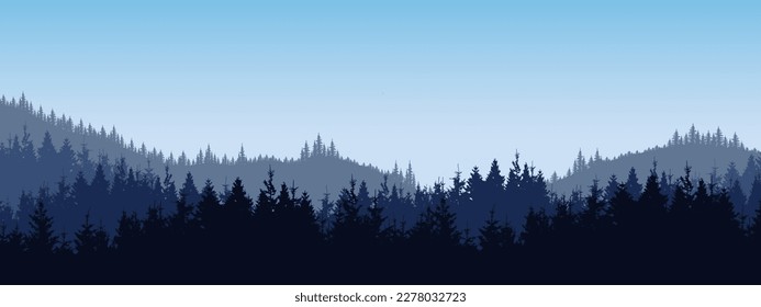 Forest hill woods blackforest vector illustration banner nature outdoor adventure landscape panorama - Blue silhouette of spruce and fir trees, blue sky