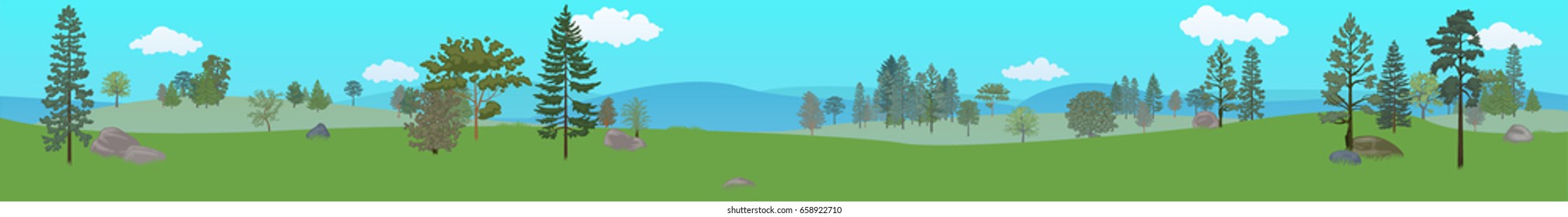 Forest, hills and mountains. Horizontal banner. Vector illustration, a flat style.