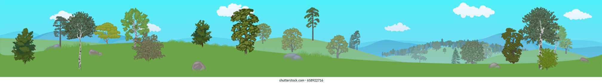 Forest, hills and mountains. Horizontal banner. Vector illustration, a flat style.