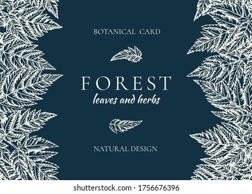 Forest. Horizontal frame with leaves. Vector botanical illustration. Blue background and white greeting. 