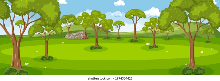 Forest horizontal scene at day time with many trees illustration