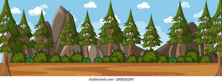 Escena horizontal forestal en el día con muchas ilustraciones de fondo de pinos