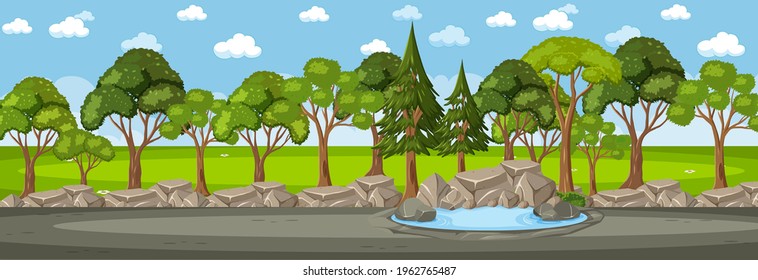 Forest horizontal scene during day time with many trees, illustration