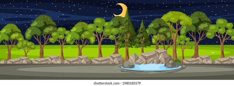 Forest horizontale Szene in der Nacht mit vielen Bäumen Illustration