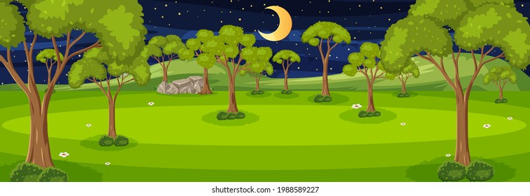 Forest horizontal scene at night with many trees illustration