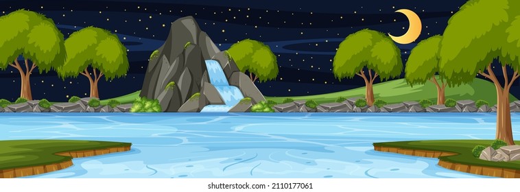Forest horizontal scene at night with waterfall illustration