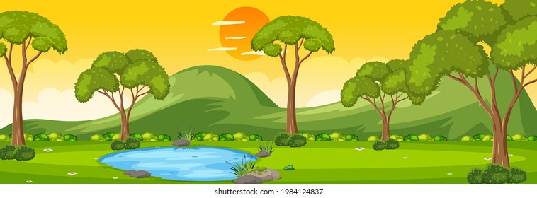 Escena horizontal forestal al atardecer con muchas ilustraciones arbóreas