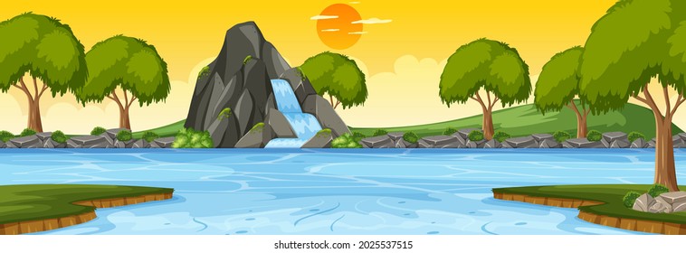 Forest horizontal scene at sunset with waterfall illustration