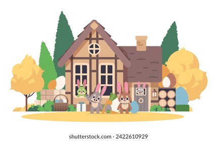 Forest house and cartoon Easter rabbits on isolated background. Cute vector illustration