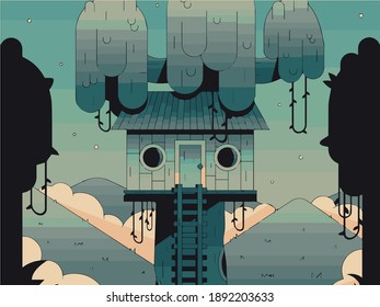 forest house illustration sun and nature