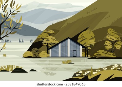 Forest house landscape. Abstract nature background with wooden cottage surrounded by trees, modern house in woods with bushes and grass. Vector illustration.