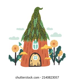 Forest house made leaves and clay vector gnome. Fairy elf dwarf magic village. Fantasy building doodle hand drawn naive art isolated element