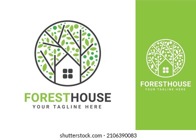 Forest House Natural Logo Design Concept | Real Estate Property House | House in Nature Forest | Leaves Tree and House Logo Vector Template 