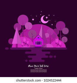 Forest house. Nature Scene in ultraviolet tones. Vector Illustration