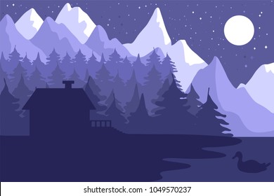 Forest house in the night coniferous forest near the mountains under moon. Vector