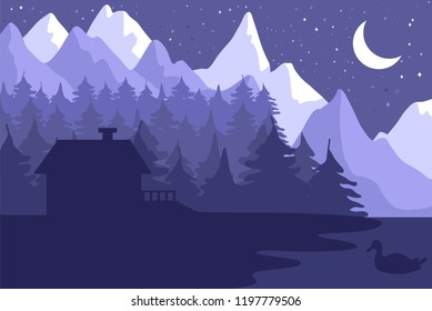 Forest house in the night coniferous forest near the mountains under moon. Vector