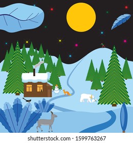 Forest house in the snow.Christmas night landscape with snowman, Christmas trees, and animals. For printing on postcards, and for web design.