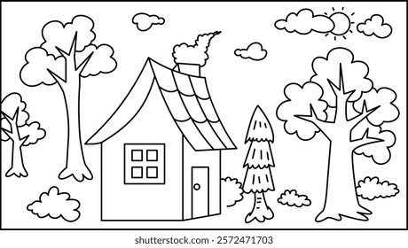 Forest House with Sun and Clouds Coloring Page