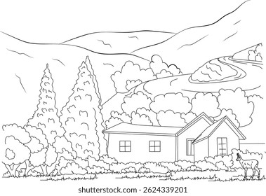 Forest House with Trees and Deer Line Drawing, An outline drawing of a house nestled in a forest or countryside setting, surrounded by numerous trees and bushes. A deer is present in the foreground.