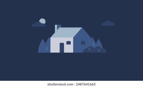 Forest House with trees with moon in the sky behind the cloud