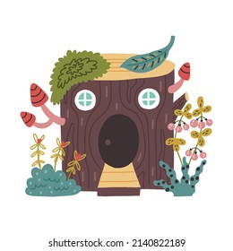 Forest house wooden stump vector gnome houses. Fairy elf dwarf magic village. Fantasy building doodle hand drawn naive art isolated element