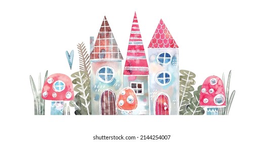 Forest houses, fly agaric and ferns vector illustration. Background in sketch style hand drawn for nursery, decor