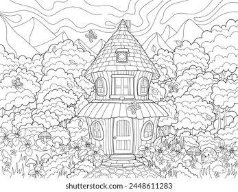 Forest house.Scenery.Coloring book antistress for children and adults. Illustration isolated on white background.Zen-tangle style. Hand draw