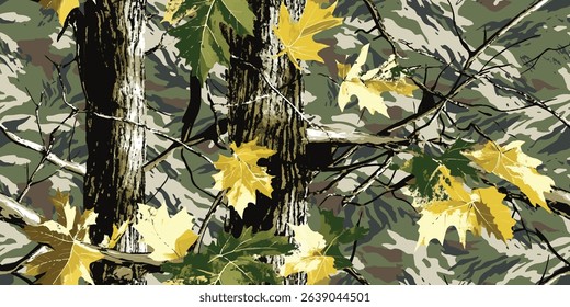 Forest hunting camouflage pattern. Vector camouflage design. Digital camouflage. Real tree pattern. Abstract camo