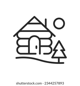 Icono del refugio forestal. Signo editable de contorno vectorial que ilustra una cabina de madera en el bosque para la Getaway de la Naturaleza. Ilustración Mínima Lineal.