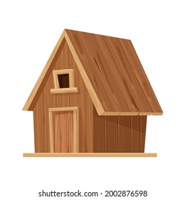 Forest hut, wooden house or cottage in cartoon style isolated on white background. Cabin, country building with roof, window and door. 