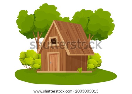 Forest hut, wooden house or cottage decorated with trees, grass and bush in cartoon style isolated on white background. Cabin, country building with roof, window and door.  [[stock_photo]] © 