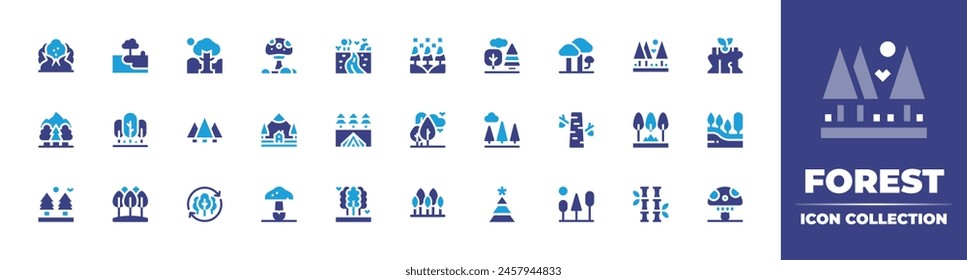 Colección de iconos de bosque. Color duotono. Ilustración vectorial. Conteniendo incendios forestales, naturaleza, bosque, lago, árbol, pino, reforestación, hongos, árboles, cabaña, camping, río.