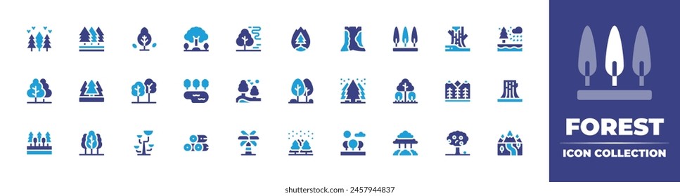 Forest icon collection. Duotone color. Vector illustration. Containing forest, forestfire, trees, moss, greenenergy, tree, autumntree, trunk, palmtree, misty, taiga, lake, appletree.