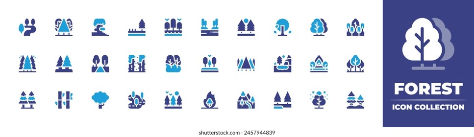 Forest icon collection. Duotone color. Vector illustration. Containing forest, river, forestfire, fire, mountain, pine, bamboo, tree, swamp, autumntree, lake.