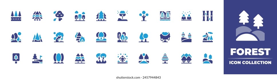 Forest icon collection. Duotone color. Vector illustration. Containing forest, landscape, rainforest, road, forestfire, burning, wildfire, tree, winter, pine, pines, bogs.