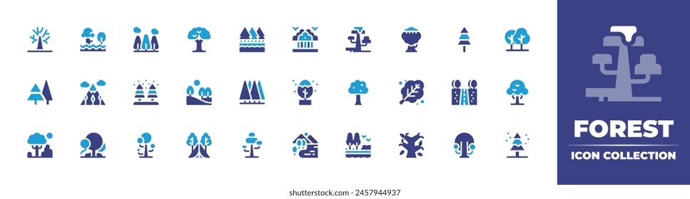 Forest icon collection. Duotone color. Vector illustration. Containing forest, landscape, tree, lake, grassland, mountain, christmastree, camping, leaf, drytree.
