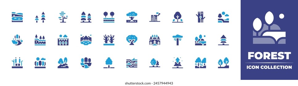 Forest icon collection. Duotone color. Vector illustration. Containing tree, lanscape, tropical, stump, trees, ecosystem, pinetree, reed, layer, log, olivetree, lake, river, pond.