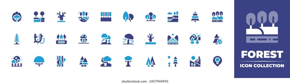 Colección de iconos de bosque. Color duotono. Ilustración vectorial. Conteniendo árbol, madriguera, superluna, fuego arbustivo, árboles, madera, pino, árbol seco, hongo, tierra, vides, selva tropical, naturaleza, ventoso, sendero.