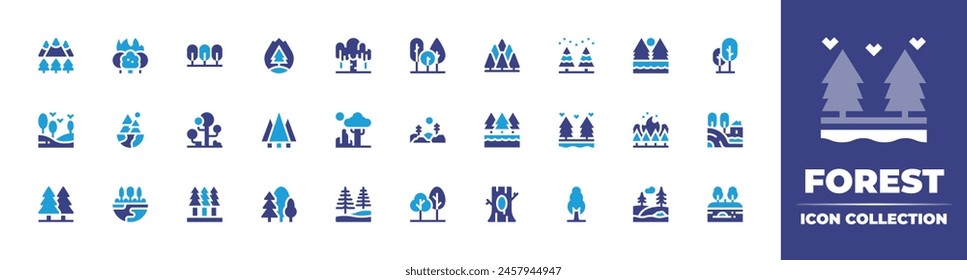 Colección de iconos de bosque. Color duotono. Ilustración vectorial. Conteniendo quema, bosque, inundación, árboles, bambú, valle, árbol, pinar, manzana, río, pino, parque, naturaleza.