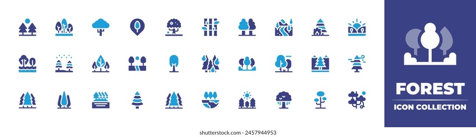 Forest icon collection. Duotone color. Vector illustration. Containing burning, forest, flood, trees, bamboo, valley, tree, pinetree, appletree, river, pine, park, nature.