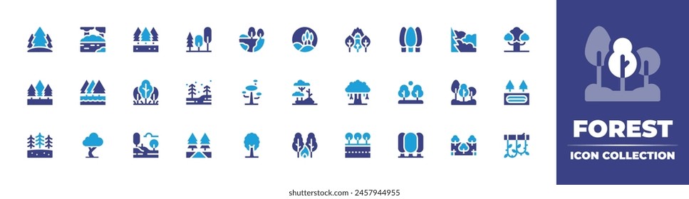 Forest icon collection. Duotone color. Vector illustration. Containing forest, river, burningtree, trees, tree, forestfire, woods, road, banyan, jungle, greenearth.