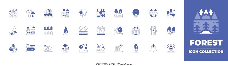 Forest icon collection. Duotone style line stroke and bold. Vector illustration. Containing trees, lanscape, tropical, tree, stump, pine, woods, log, ecosystem, drytree, mushrooms, fire.