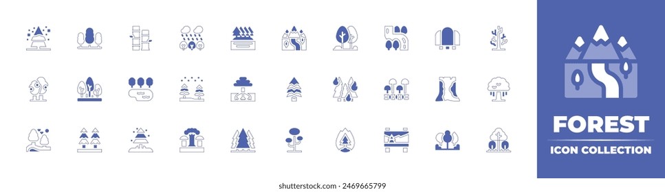 Forest icon collection. Duotone style line stroke and bold. Vector illustration. Containing burning, tree, forestfire, forest, trees, moss, pinetree, river, pine, route, bamboo, mushrooms, lake.