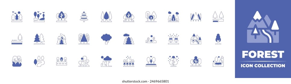 Forest icon collection. Duotone style line stroke and bold. Vector illustration. Containing pine, river, forest, forestfire, mountain, fir, tree, fire, lake, trees, road.