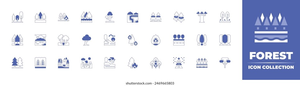 Colección de iconos de bosque. Trazo de línea de estilo duotono y negrita. Ilustración vectorial. Conteniendo incendios forestales, río, incendios forestales, bosque, inundación, árbol, fuego, bosques, selva tropical, árbol de navidad, carretera, olivo.